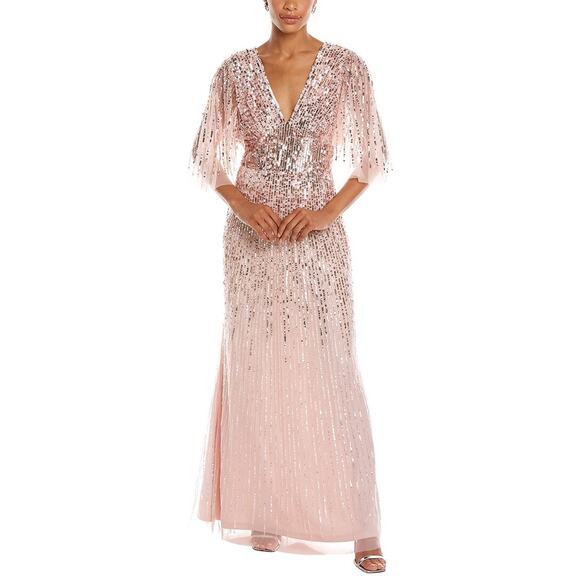 Aidan Mattox Pink Fully Beaded Flutter Sleeve V Neck Gown 10 NEW $550 - Picture 1 of 10